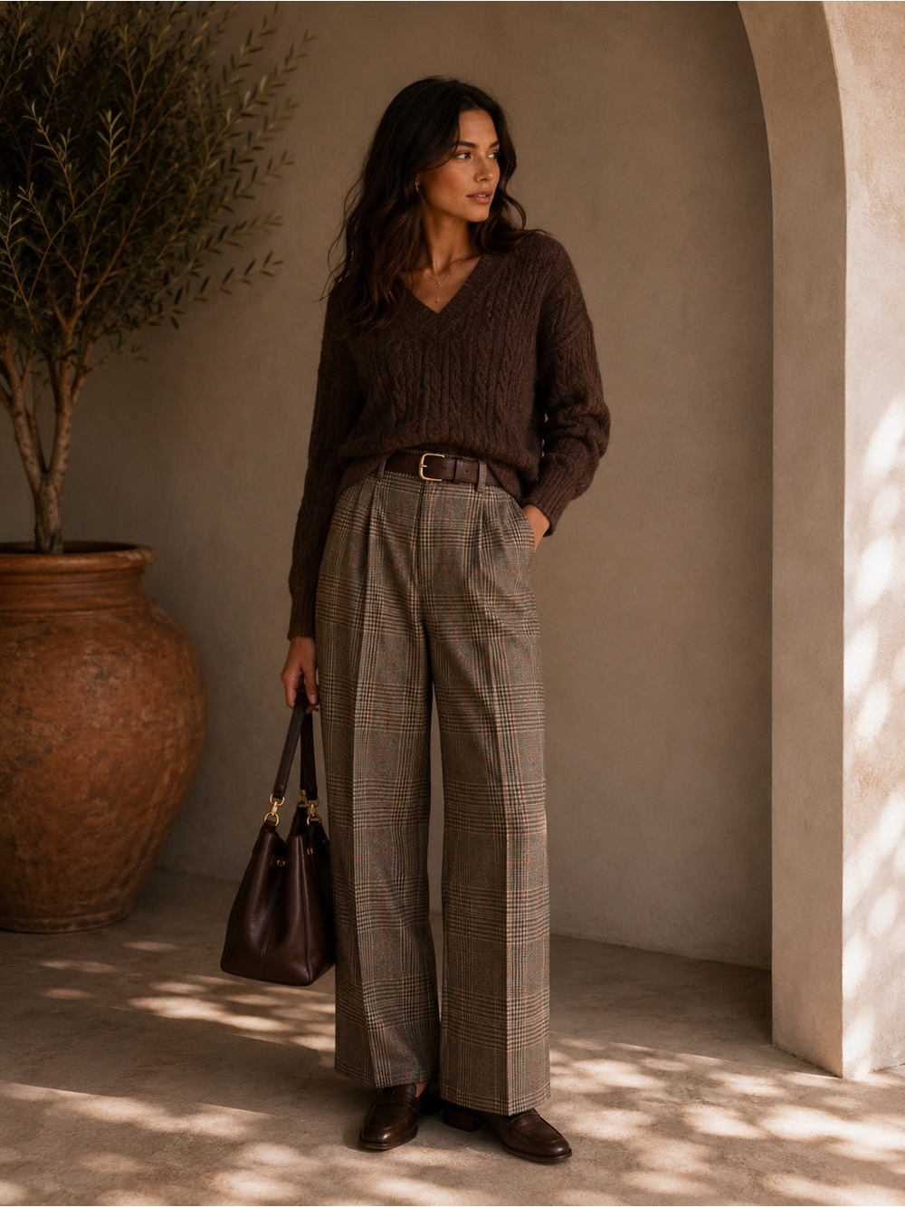 Commense Brown Plaid Belted High-Waisted Pants XS | Academia Trousers